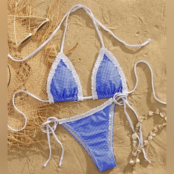 Blue White Gingham Ruffle Side Tie Bikini Set - Picture 4 of 8